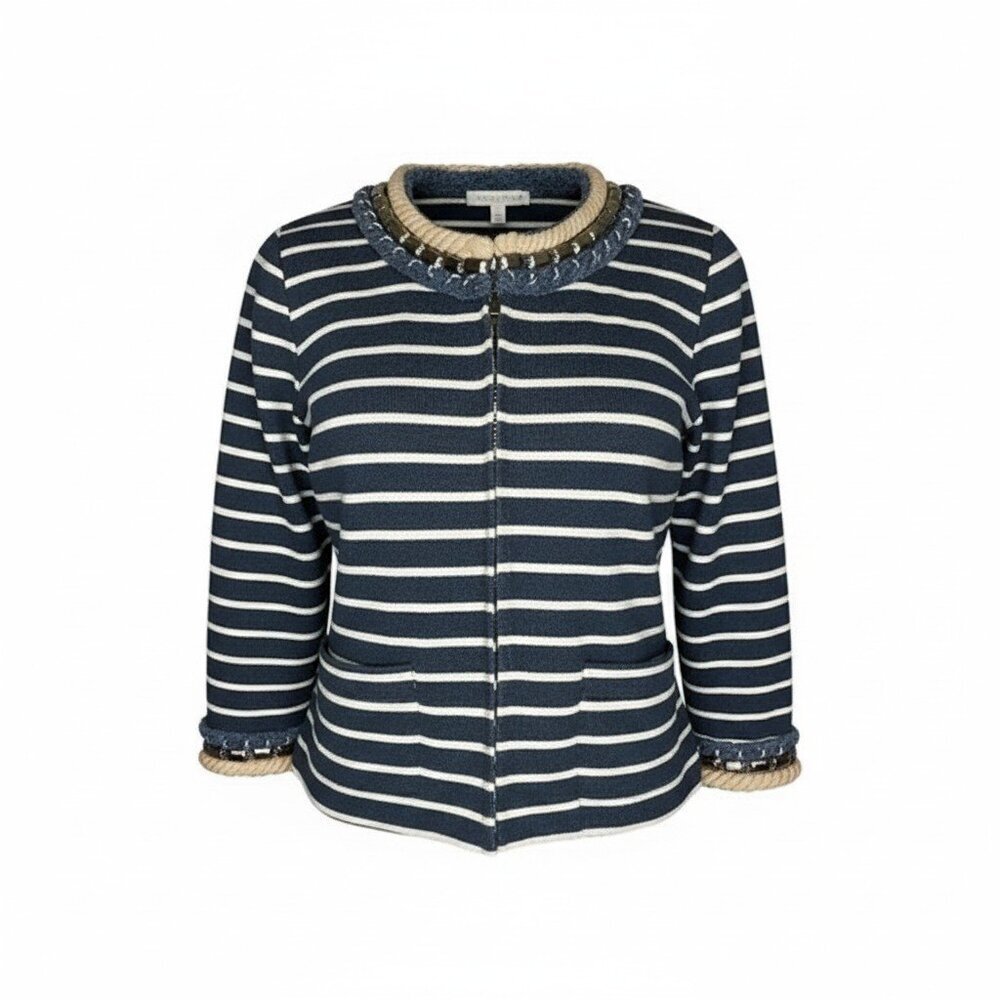 Boston Proper Nautical Stripe Jacket Fringe Trim Blue White Zip Jacket Size 8